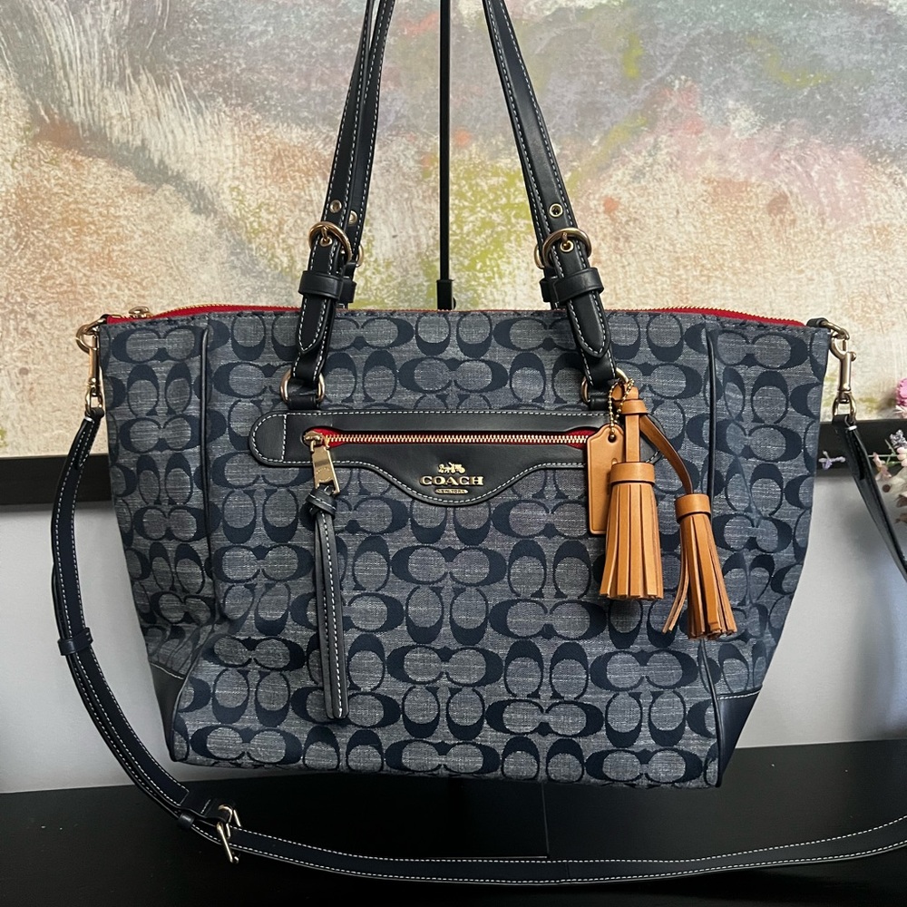 Coach Navy Signature Canvas Tote with Tan Tassels - Picture 1 of 10